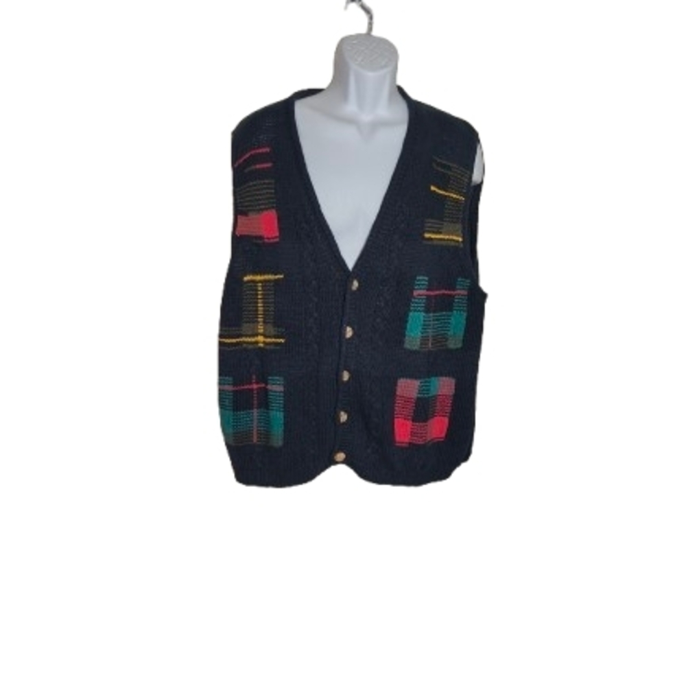 Vintage 90s New River Co Knit Sweater Vest XL Geometric Button Front